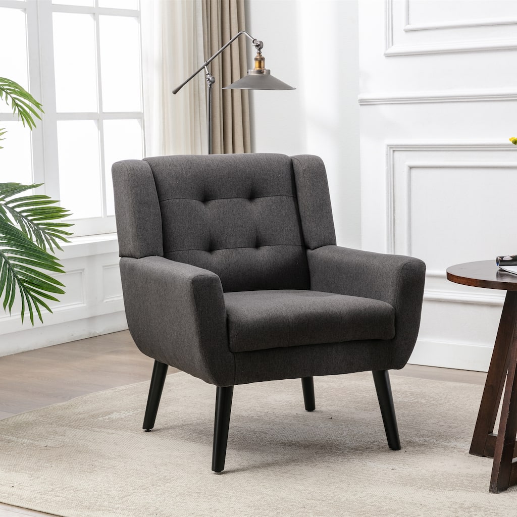 Dark Gray Linen Modern 29.53" Upholstered Buttons Tufted Accent Chair with Black Solid Wood Legs