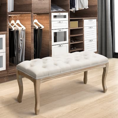 Wooden Upholstered Transitional Tufted Ottoman Bench