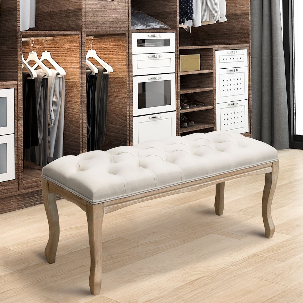 Wooden Upholstered Transitional Tufted Ottoman Bench