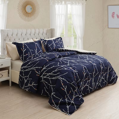 Bed in a Bag Soft Fluffy Goose Down Alternative Printed Comforter Set Includes Sheet Set, Modern Navy Blue Branches Pattern
