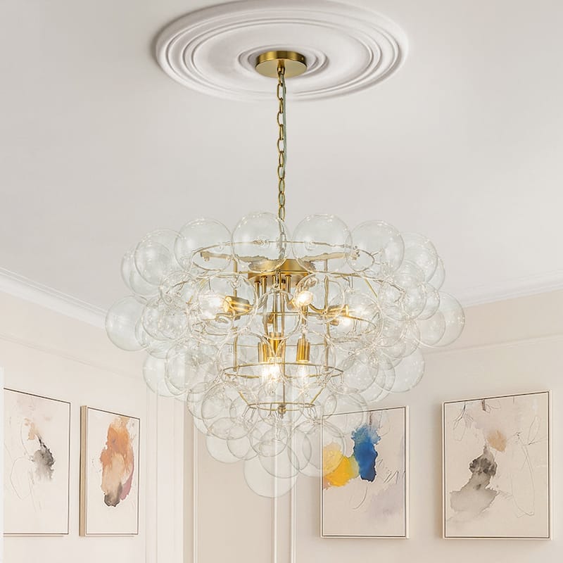 Brass Dreamy 9-Light Cluster Clear Glass Globe Bubble Chandelier - Brass