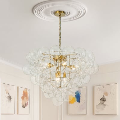Brass Dreamy 9-Light Cluster Clear Glass Globe Bubble Chandelier