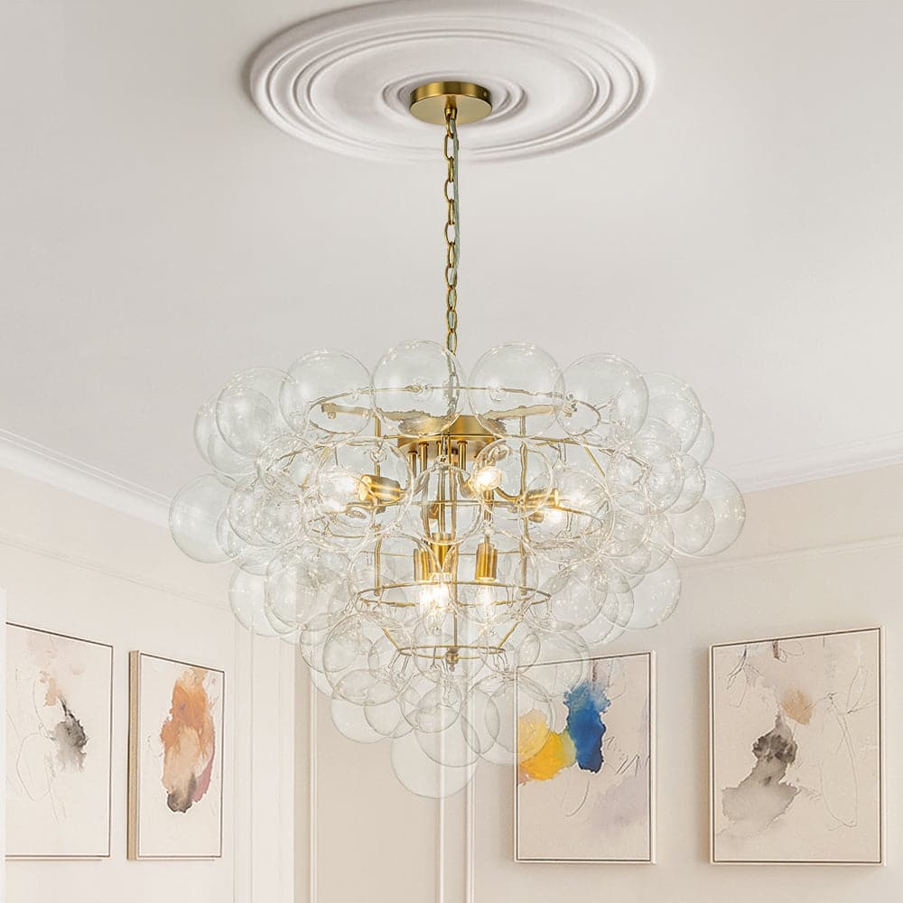 Brass Dreamy 9-Light Cluster Clear Glass Globe Bubble Chandelier