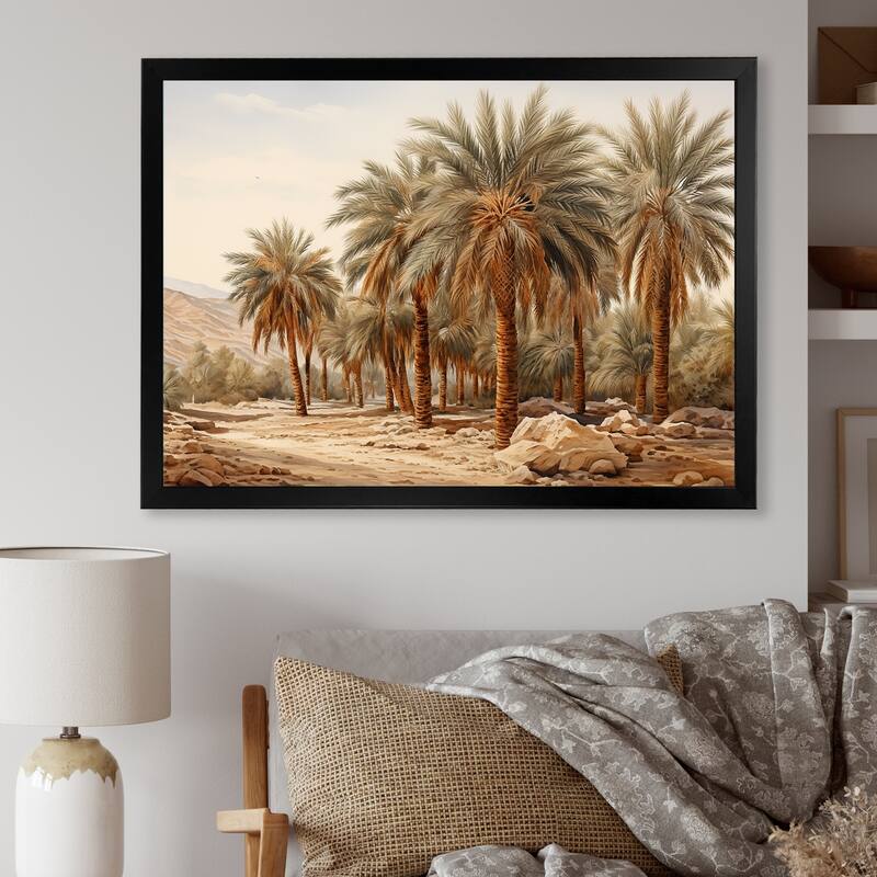 Designart "Palm Tree Desert Oasis " Palms & Palm Trees Framed Canvas Prints - 44 in. wide x 34 in. high - Black