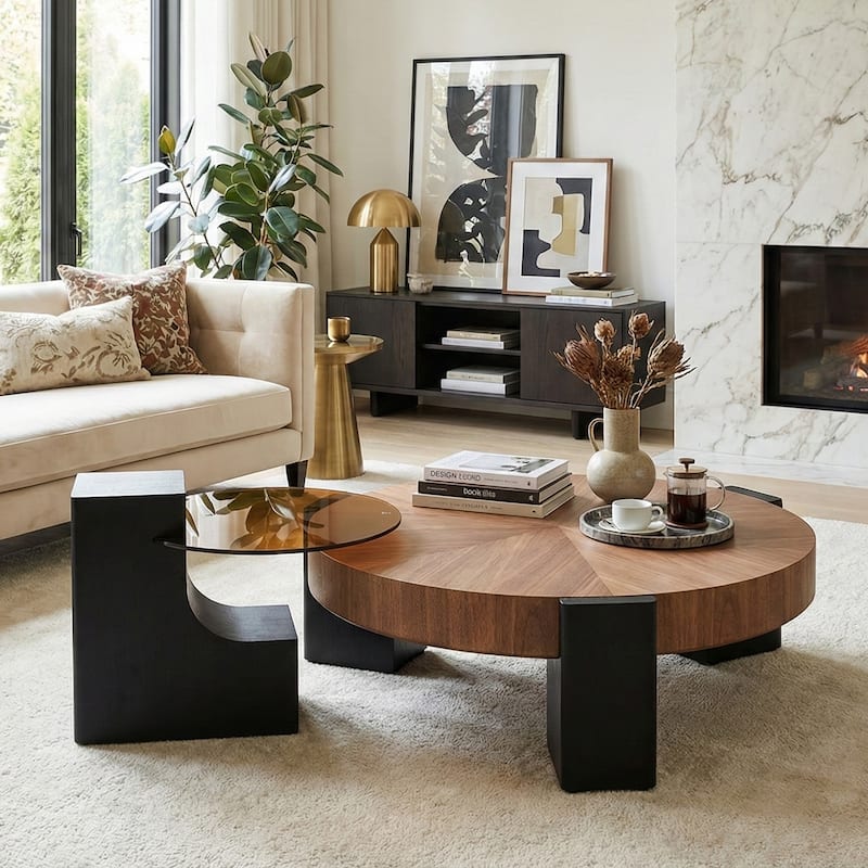 Modern 2-Tier Round Coffee Table Set with Walnut Finish & Black Accents