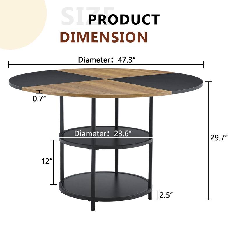 Roomfitters 47 Inch Round Dining Table with Double-Layer Storage and Diagonal Wood Black Top for Modern Spaces, Black+Wood