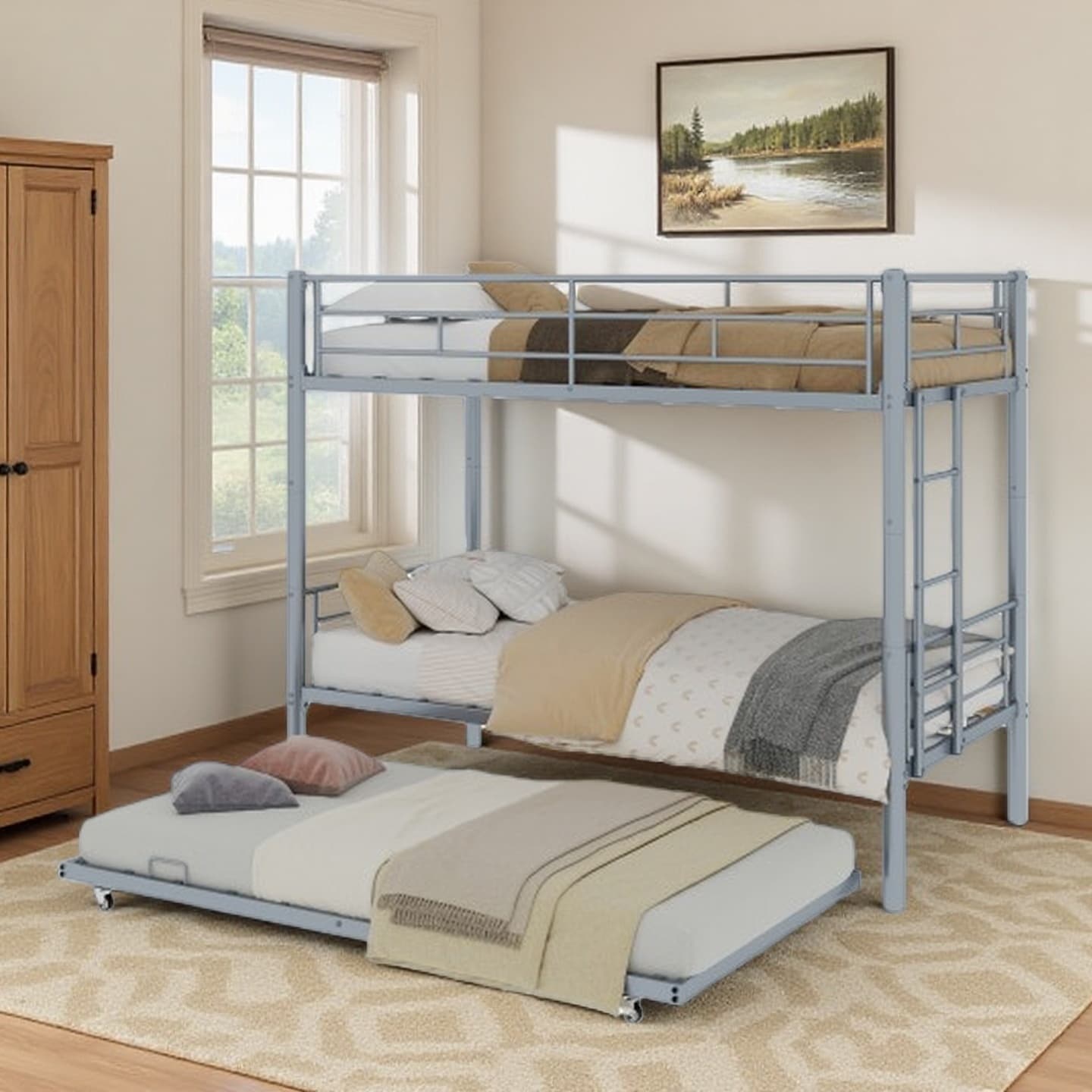 Twin-Over-Twin Metal Bunk Bed with Safety Rails, Noise-Reduced Sturdy Steel Frame, Convertible to Two Beds