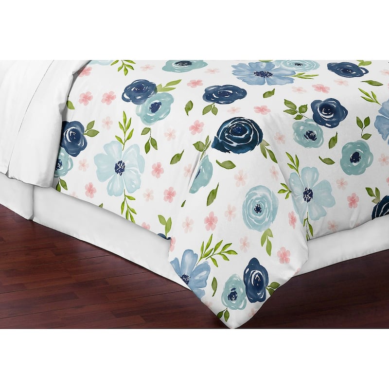 Navy Blue and Pink Watercolor Floral Girl 3pc Full/Queen Comforter Set - Blush Green White Shabby Chic Flower