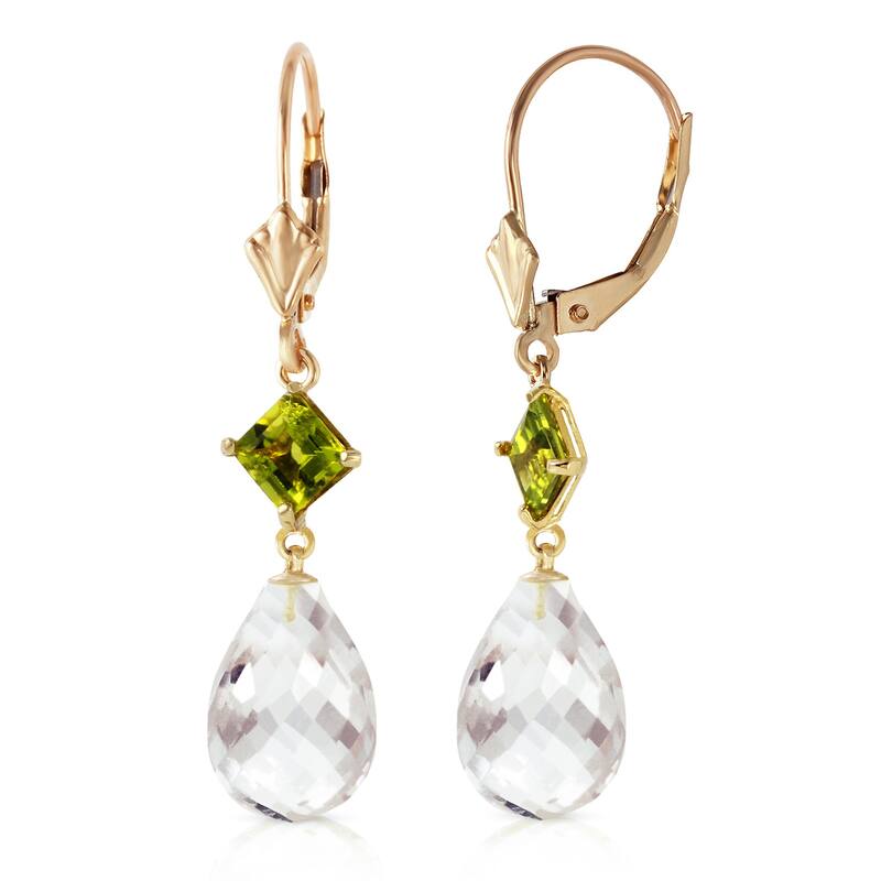 14K Solid Gold Leverback Gemstone Earrings w/ Peridot & Rose Topaz - Yellow
