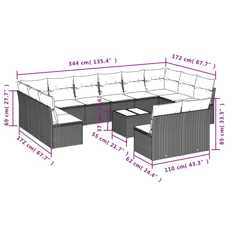 vidaXL 11/12 Piece Patio Sofa Set with Cushions Black/Brown/Gray Poly Rattan - 21.7 x 24.4 x 27.2