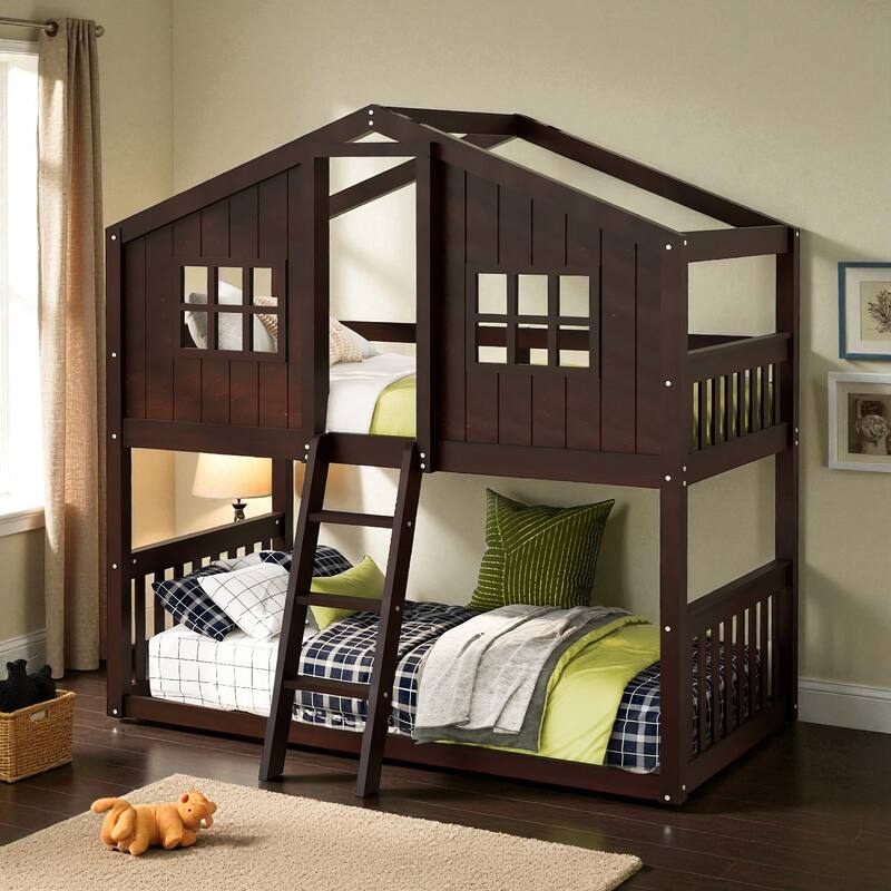 Twin Over Twin House Bunk Bed with Roof and Ladder, Solid Wood Frame, Playhouse Style Kids Bed, No Box Spring Needed - Espresso - Twin