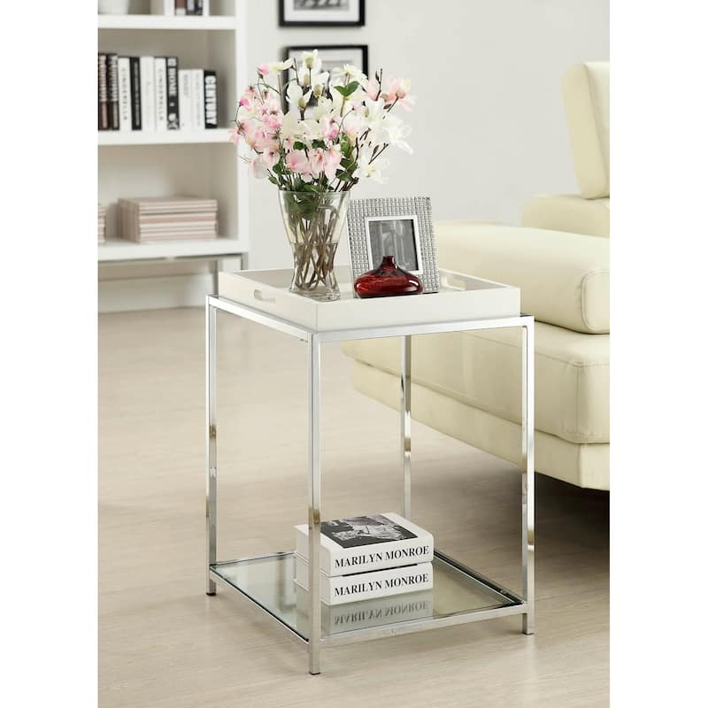 Palm Beach End Table with Glass Shelves and Removable Reversible Tray, Modern Accent Side Table with Chrome Frame for Home - 18