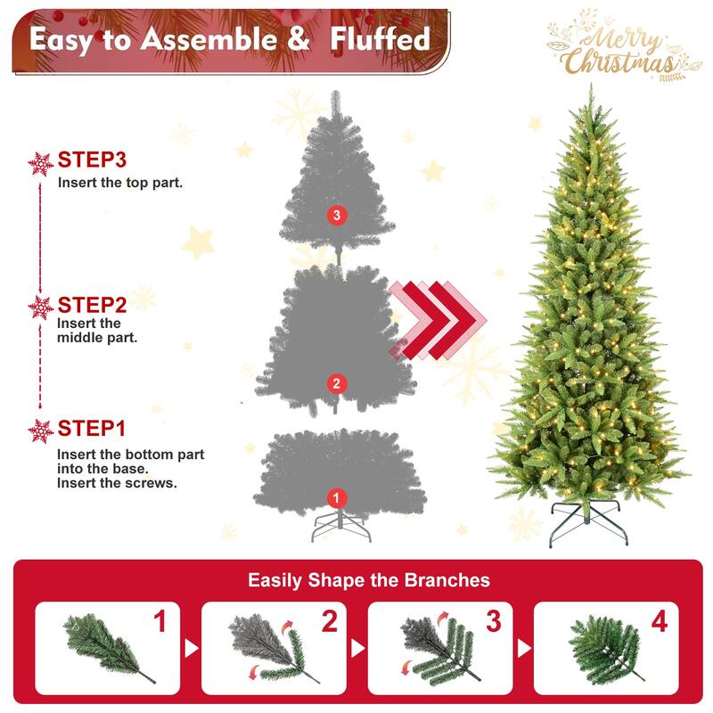 5FT Slim Christmas Tree with 200 Warm White LED Lights-610 PE+PVC Tips,Space-Saving Hinged Design, Easy Setup,Metal Stand