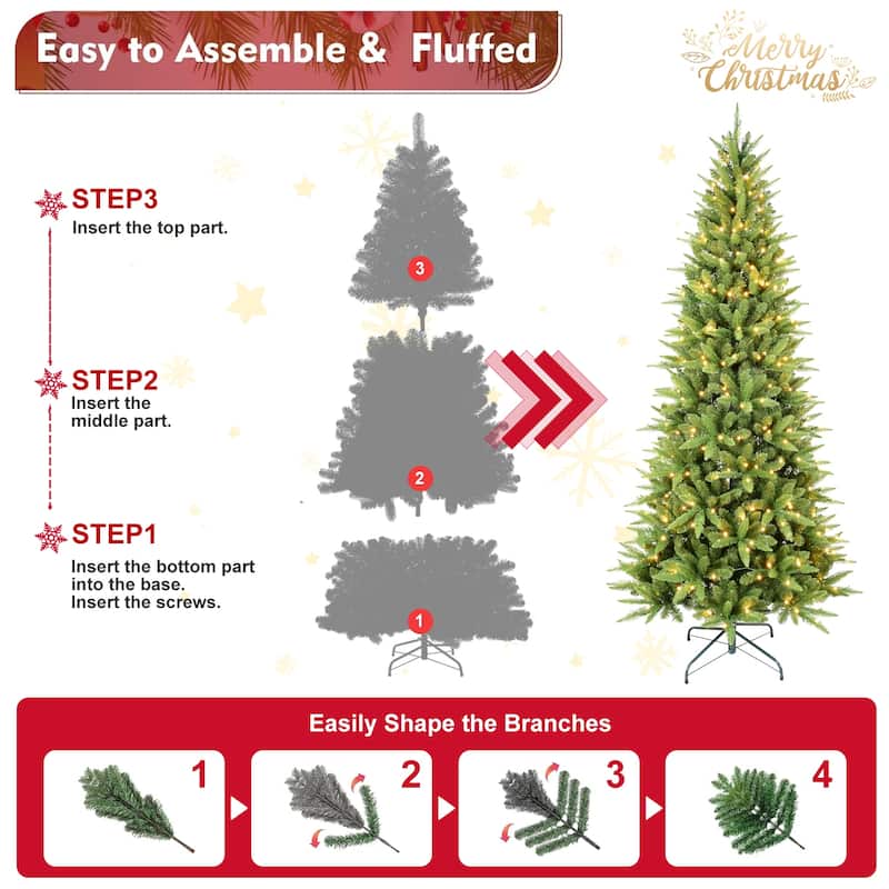 8FT Slim Christmas Tree with 500 Warm White LED Lights-1612 PE+PVC Tips,Space-Saving Hinged Design, Easy Setup