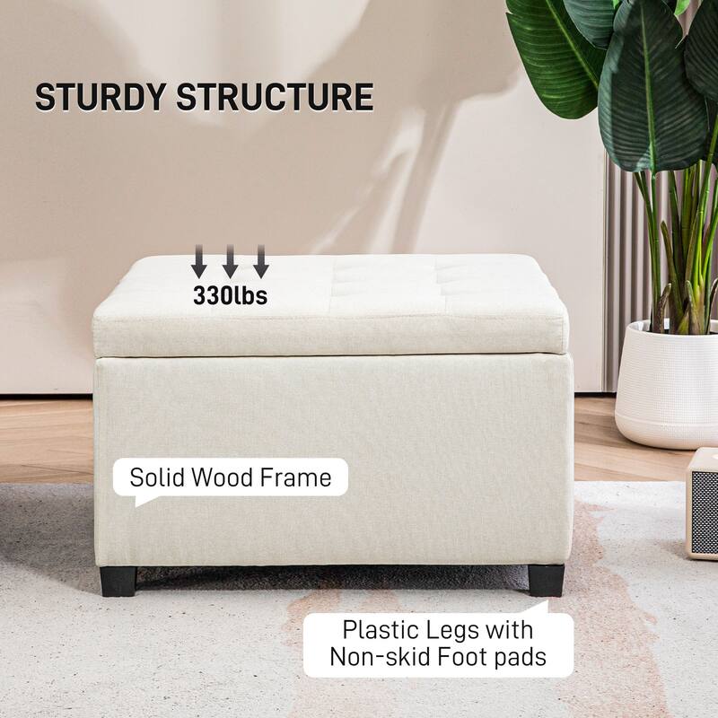 Fabric Tufted Storage Ottoman with Flip Top Seat Lid, Metal Hinge and Stable Eucalyptus Wood Frame