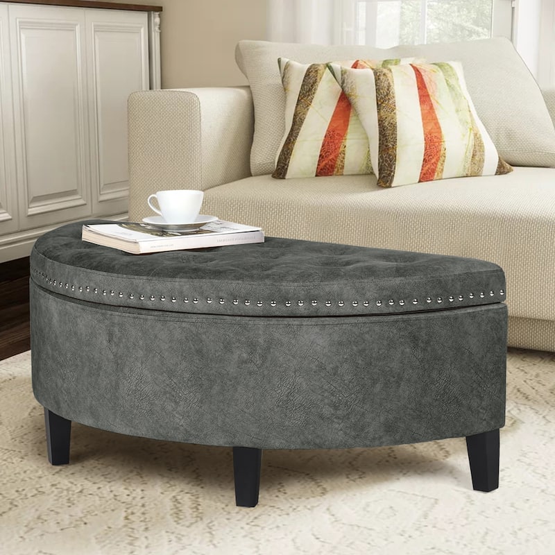 Adeco Half Moon Storage Ottoman Lift Top Entryway or Bed Bench - Grey