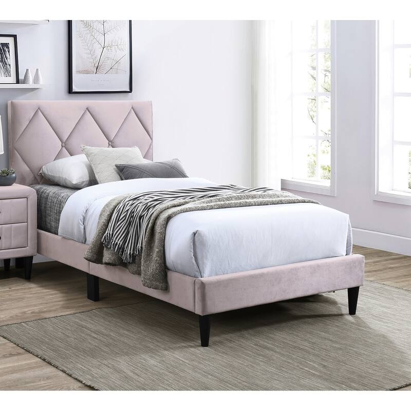 Light Pink Velvet Upholstered Full Size Bed with Adjustable Headboard
