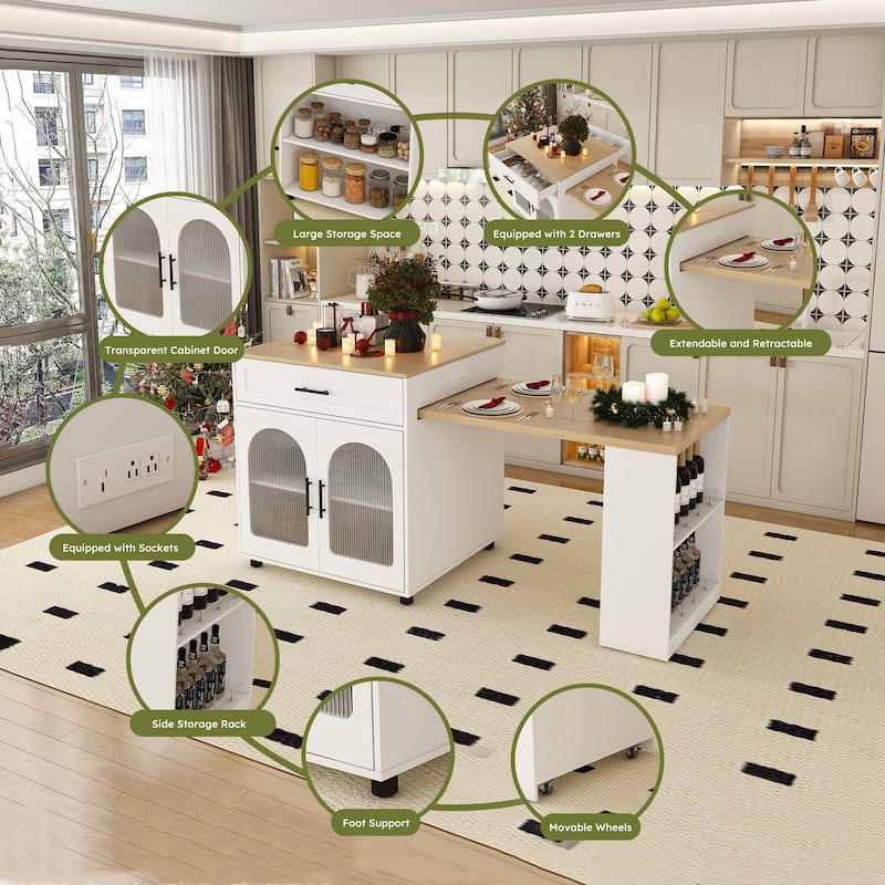 80-inch Expandable Kitchen Island with Dining Table, Marble-Grain Countertop, Mobile Storage Cart with Cabinet & 2 Drawers