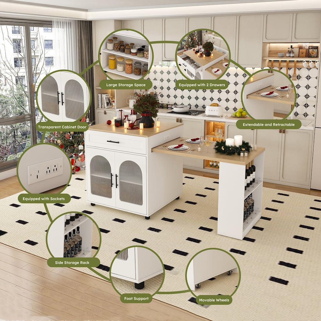 Expandable Kitchen Island with Dining Table, Built-In Power Outlets, Mobile Storage Cart with Cabinet and Drawers for Meal Prep