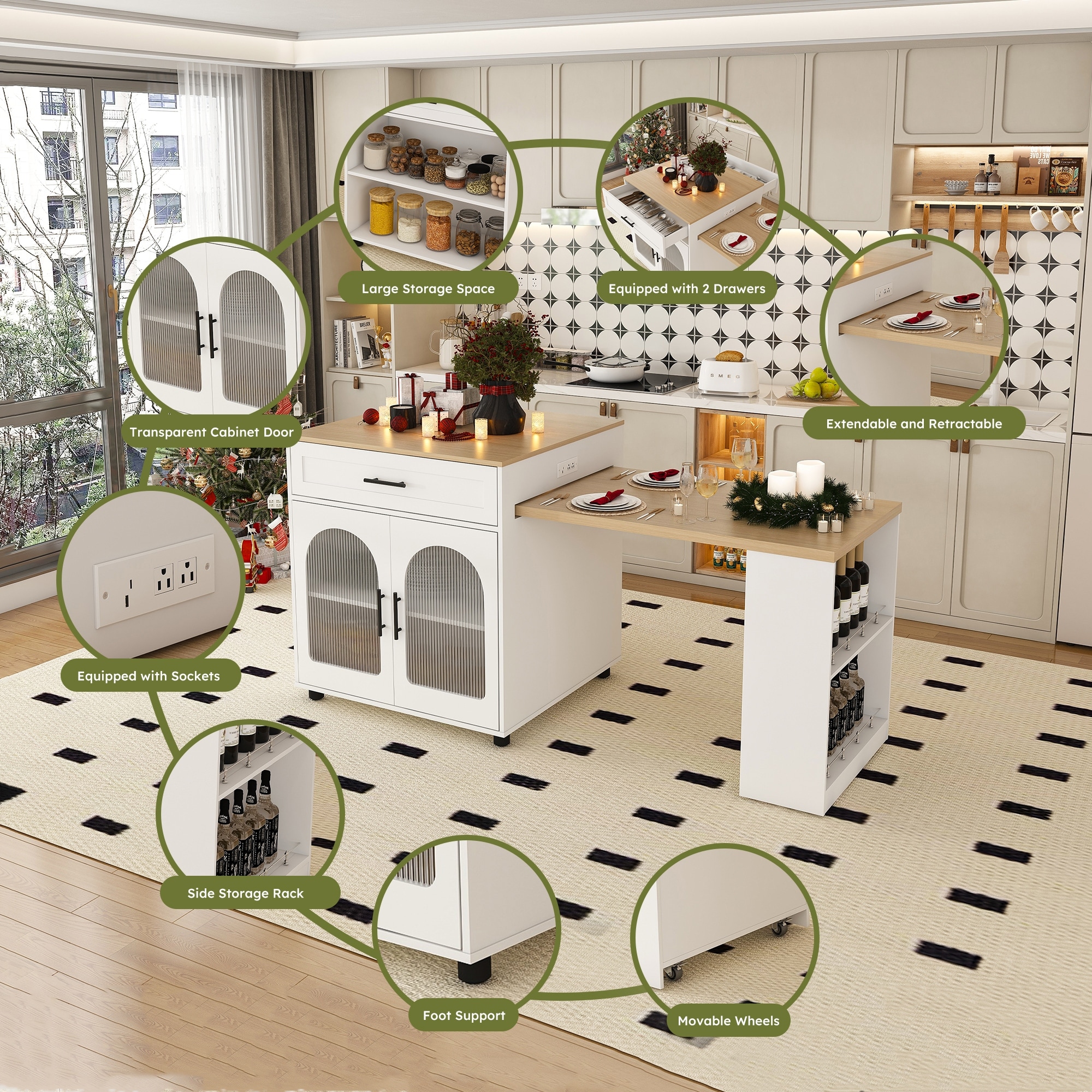 Expandable Kitchen Island with Dining Table, Wood Kitchen Table with Power Outlet, Mobile Storage Cart with 2 Drawers