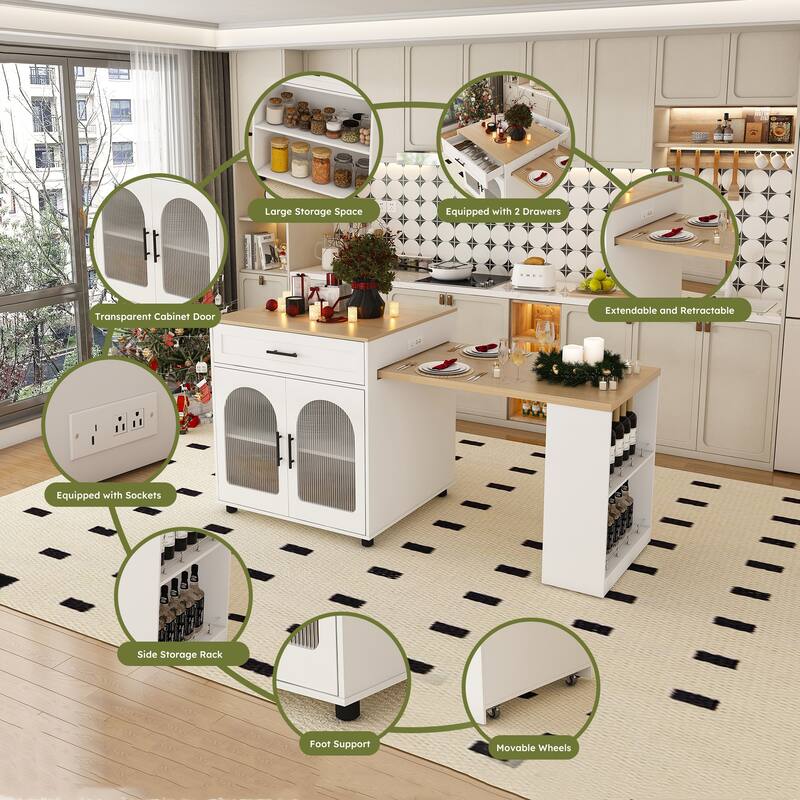 Roomfitters 80" Expandable Kitchen Island & Dining Table, Rolling Cart, Charging Station & Glass Cabinet