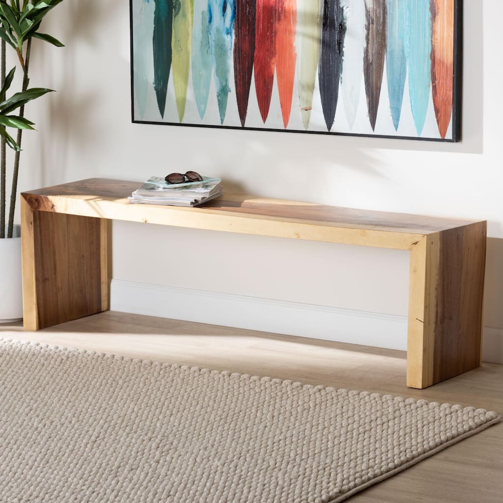 Bai Solid Suar Wood Accent Bench - Modern Rustic Natural Wood Seating for Entryway, Dining, or Living Room