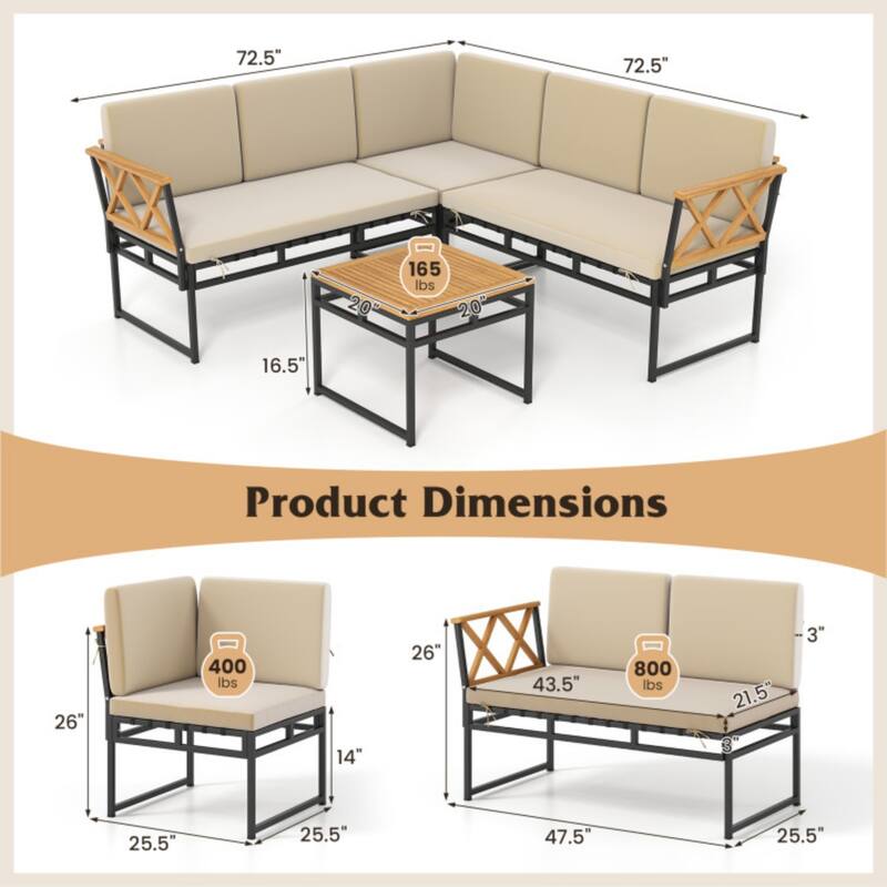 4-Piece L-Shaped Design Outdoor Sectional Sofa Set with Acacia Wood Table and Beige Cushions - 25.5" x 47.5" x 26"