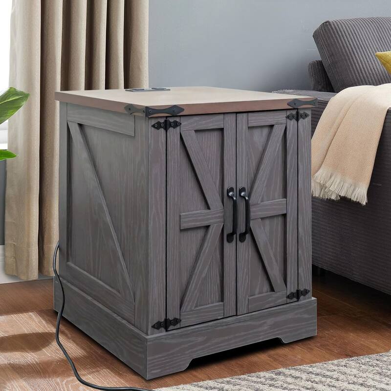 Mid Century Vintage Style Side Table Sideboard Nightstand with Charging Station - Grey
