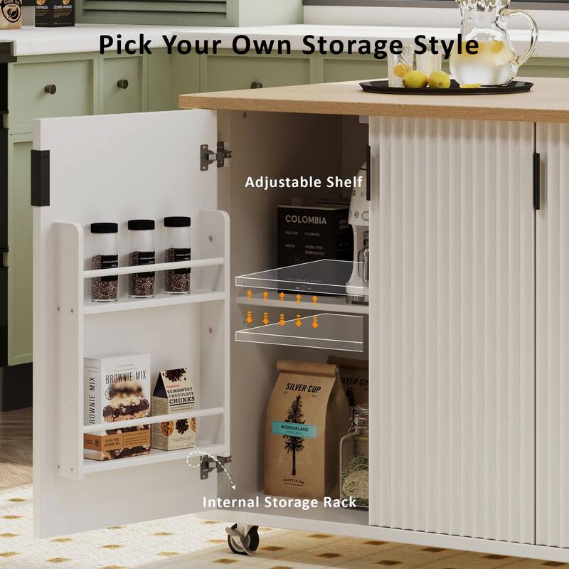 Farmhouse Accent Fluted Kitchen Island with Drop Leaf, Internal Storage Rack & Towel Rack, Rolling Kitchen Cart for Dining Room