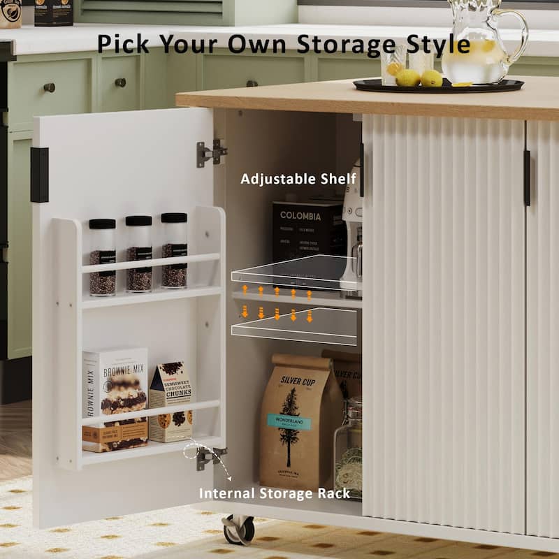 Fluted Kitchen Island with Drop Leaf, Mobile Kitchen Island on Locking Wheels, Rolling Kitchen Cart with Towel Rack