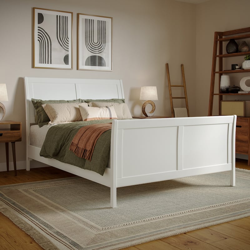 Valencia Solid Wood Low Profile Sleigh Platform Bed with Matching Footboard - White - Full