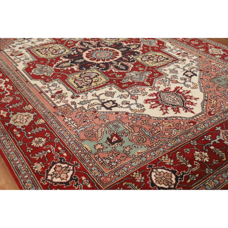 Hand Knotted Oriental 100% Wool Carpet Traditional Medallion Beige & Ivories Heriz (serapi) Area Rug - 12' 2'' X 8' 9''