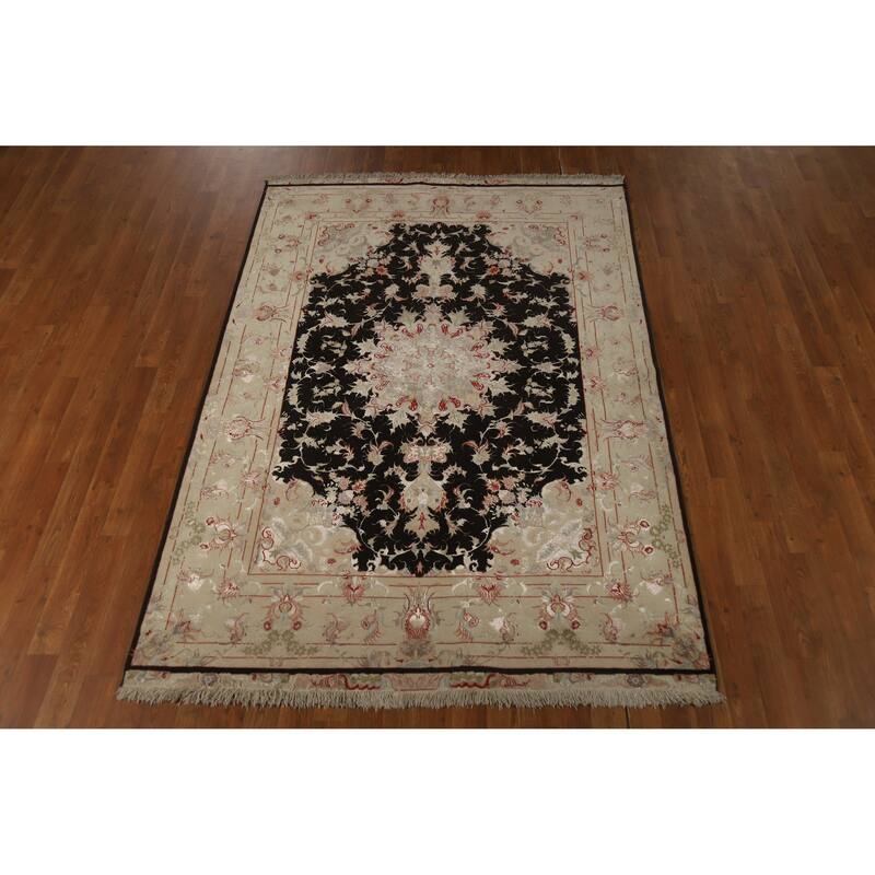 Hand Knotted Oriental Wool & Silk Carpet Traditional Floral Black Tabriz Area Rug - 7' 1'' X 4' 10''