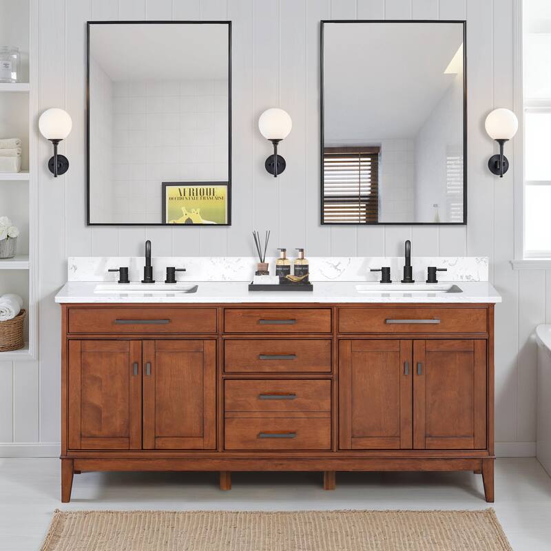 Madison 72 in. Double Sink Bathroom Vanity with Engineered Stone Top - 73" x 22"D x 35"H