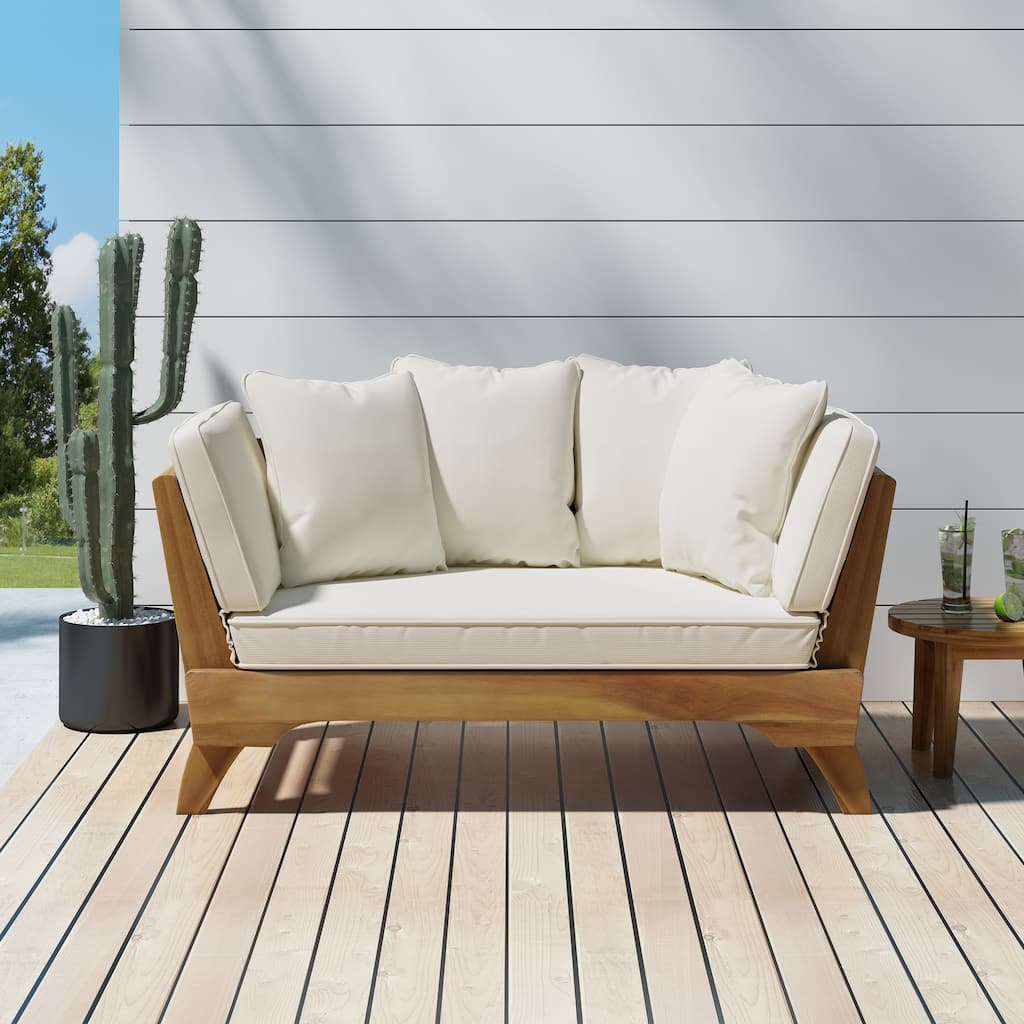 Expandable Daybed with Cushions, Outdoor Couch Acacia Wood Patio Couch with Adjustable Armrests