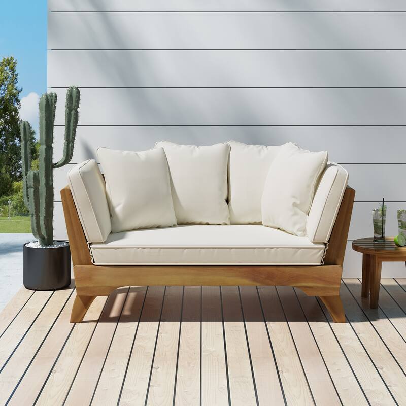 Expandable Daybed with Cushions, Outdoor Couch Acacia Wood Patio Couch with Adjustable Armrests - Beige,Teak