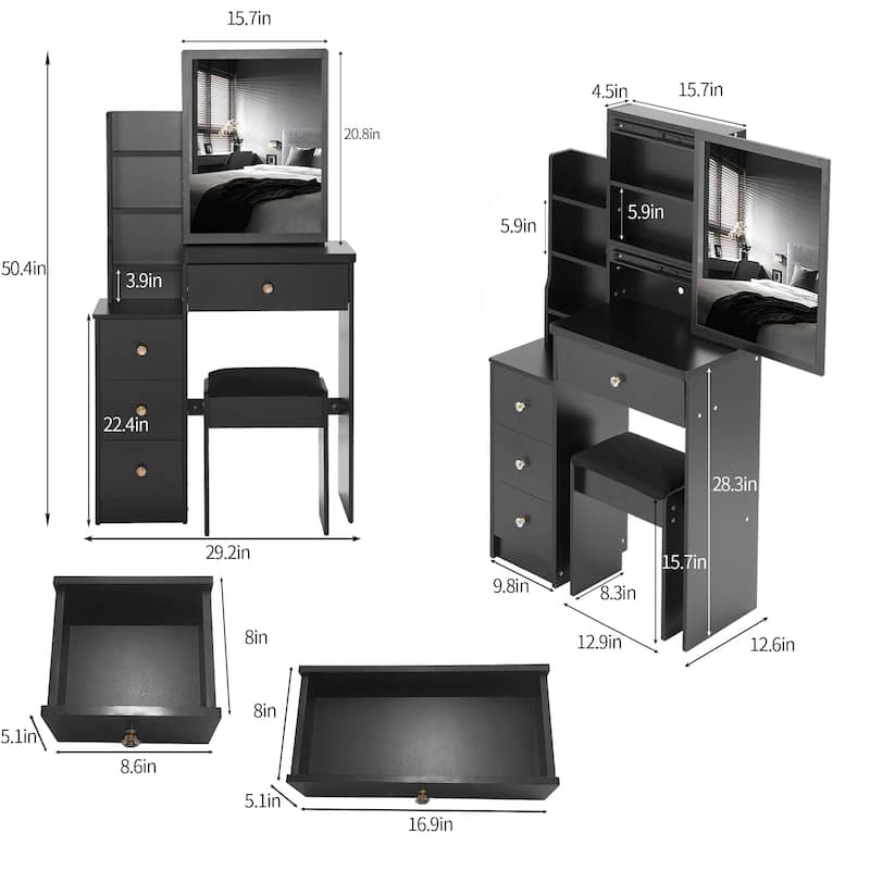 Vanity Desk with Control Sliding LED Mirror, Makeup Vanity with Cushioned Stool, Vanity Set with Hair Dryer Bracket