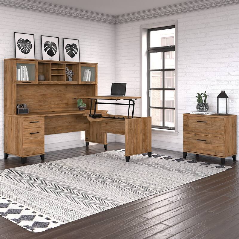 Somerset 72W Sit to Stand L Shaped Desk with Hutch and Cabinet in Gray - Fresh Walnut