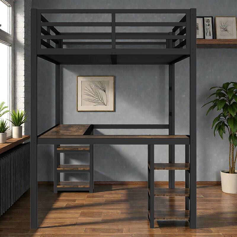 Twin XL Metal Loft Bed with Desk and Shelves, L Shaped Loft Bed Frame with Ladder and Guardrails