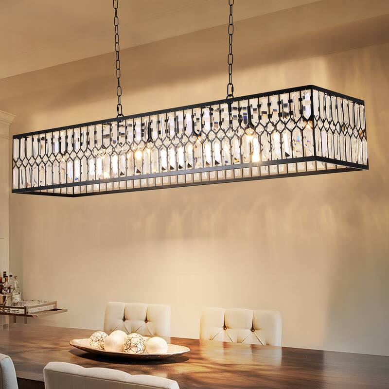 6-Light Glam Modern Black Rectangular Large Crystal Chandelier for Dining Room - 48.4 in. W x 12.2 in. H x 8.2 in. D - 48.4 in. W x 12.2 in. H x 8.2 in. D - Black