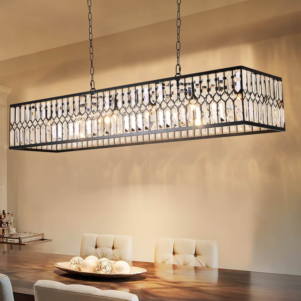 6-Light Glam Modern Black Rectangular Large Crystal Chandelier for Dining Room - 48.4 in. W x 12.2 in. H x 8.2 in. D