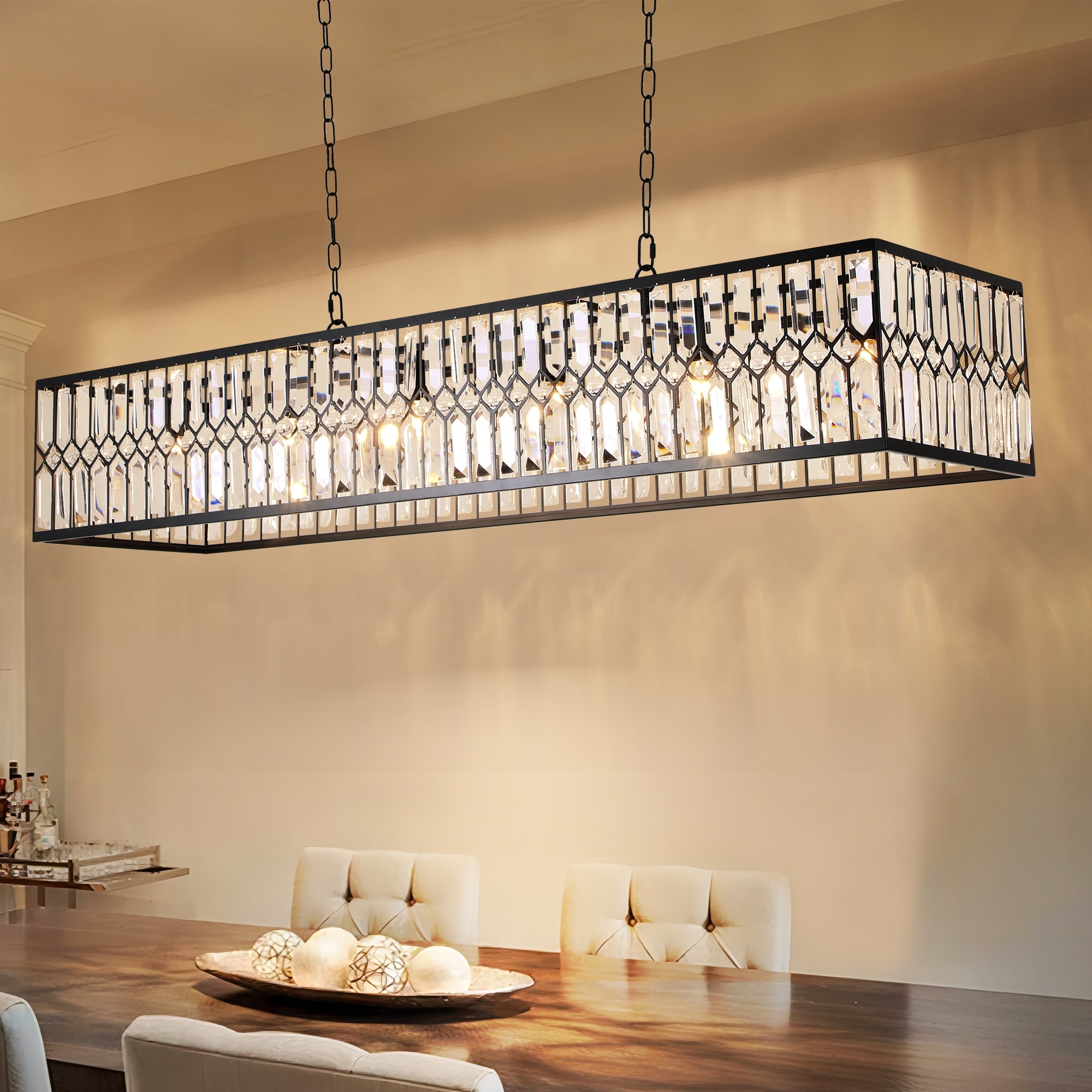 Rennnsan 6-Light Glam Modern Black Rectangular Large Crystal Chandelier for Dining Room - 48.4 in. W x 12.2 in. H x 8.2 in. D