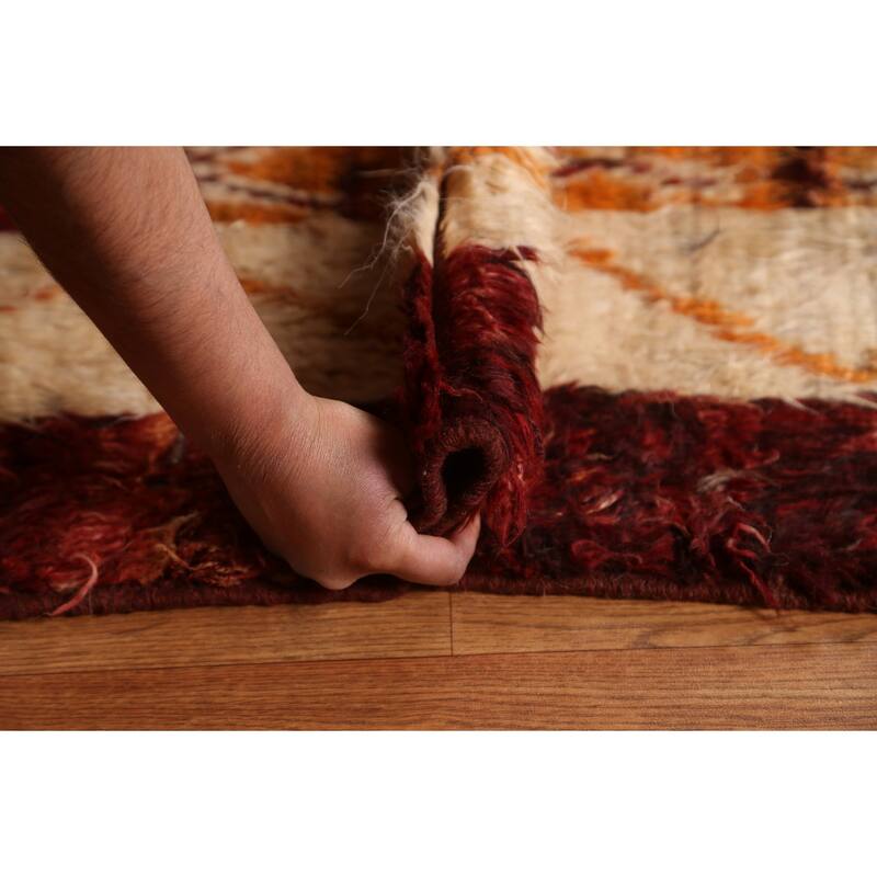 Hand Knotted Oriental 100% Wool Carpet Modern Tribal Red Moroccan Area Rug - 9' 10'' X 6' 10''