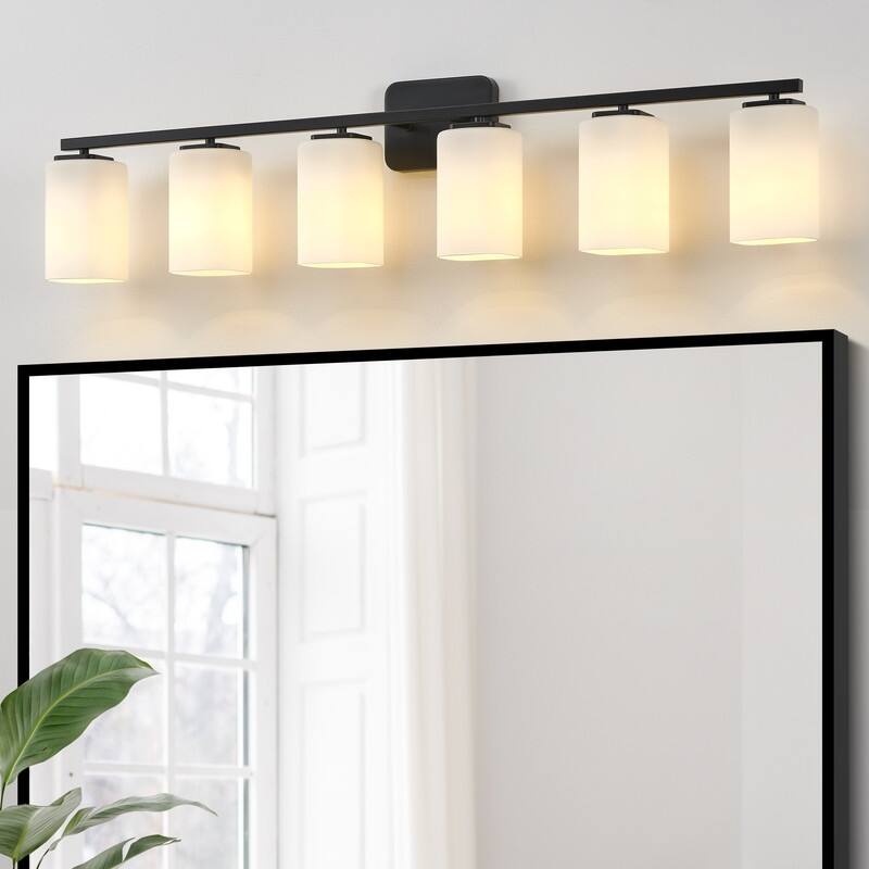 KAWOTI Modern & Contemporary Vanity Light with Frosted Glass Shade - 6-Light(W43.25") - Matte Black