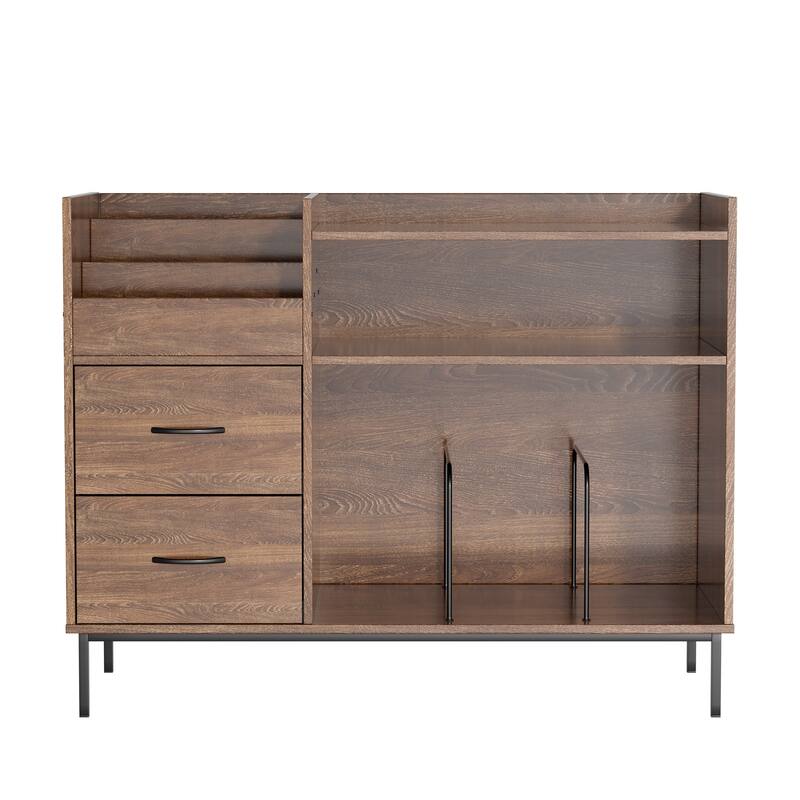 Record Player Stand with Power Outlet & Flip-Down Lid,Turntable Table with Storage,Media Console with 2 Drawers