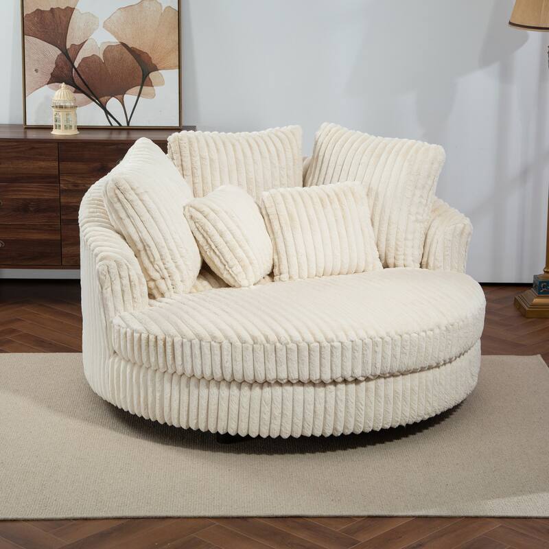 Modern Sofa Chair Round Accent Barrel Chair With 5 Pillows and Storage Ottoman - Chair/Beige/Faux fur
