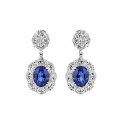Auriya Fancy 8 1/5ct Royal Blue Sapphire Oval and 1 5/8ctw Halo Diamond Dangling Earrings 18K Gold