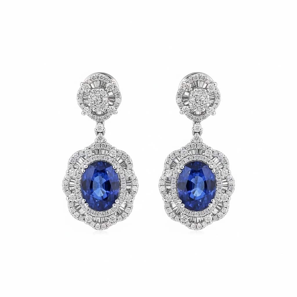Auriya Fancy 8 1/5ct Royal Blue Sapphire Oval and 1 5/8ctw Halo Diamond Dangling Earrings 18K Gold
