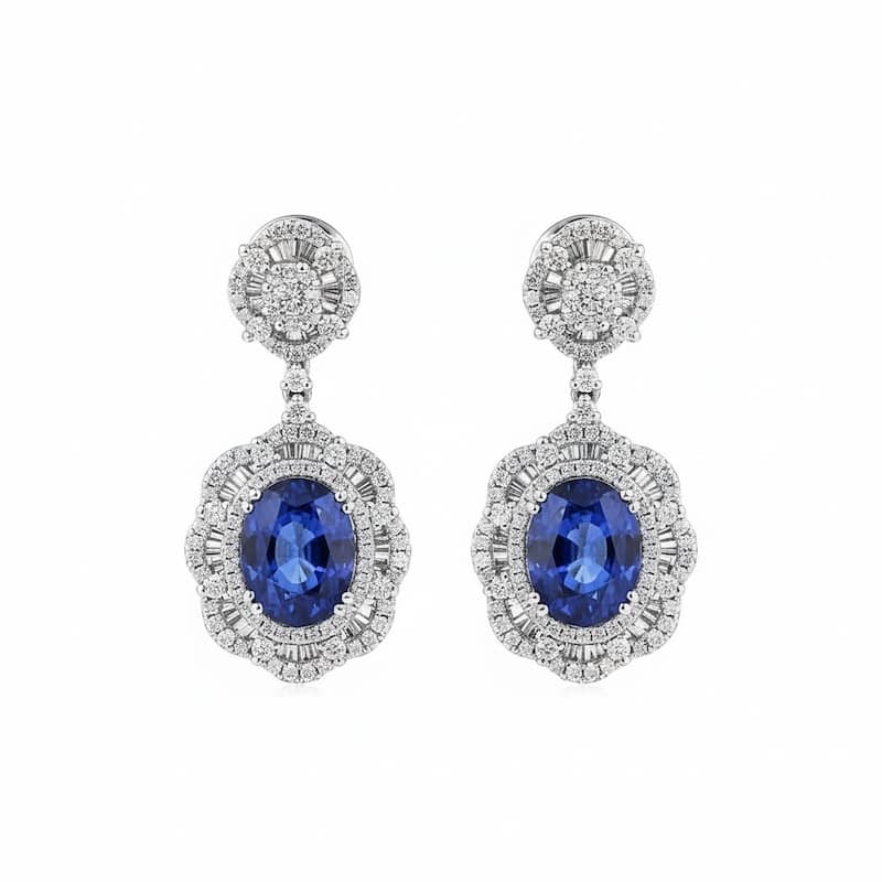 Auriya Fancy 8 1/5ct Royal Blue Sapphire Oval and 1 5/8ctw Halo Diamond Dangling Earrings 18K Gold