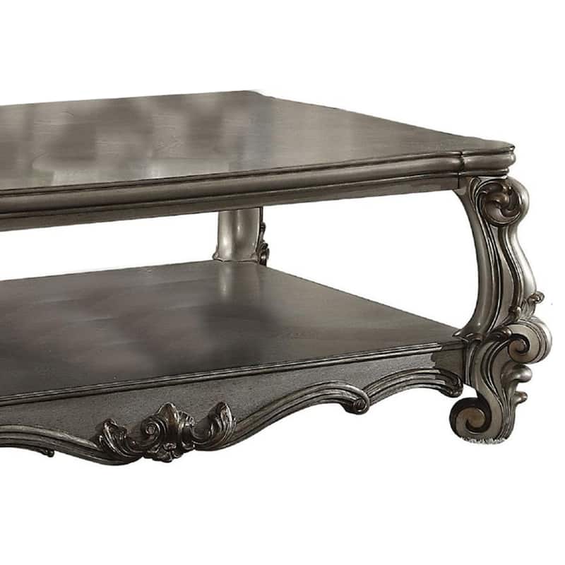 Wooden Coffee Table with Vintage Style Oversized Legs and One Open Shelf, Silver